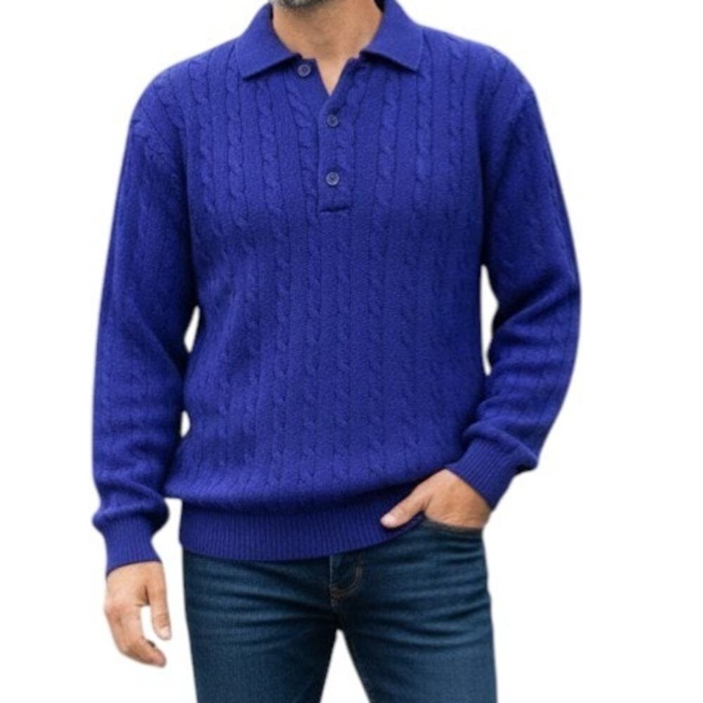 Vintage Benetton Cable Knit Sweater Made in Italy Polo Collar Cotton 80s 90s